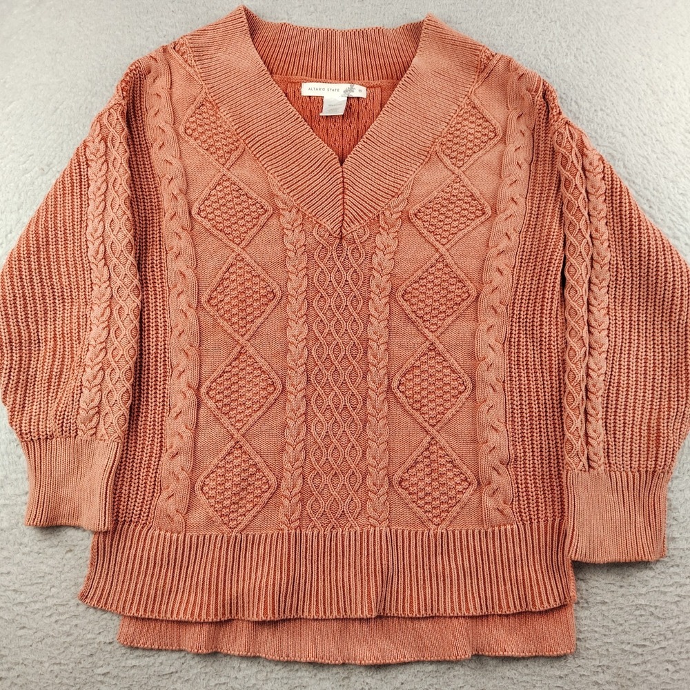 Altar'd State Sweater V Neck Cable Knit Burnt Orange Cotton Fisherman Women's XS